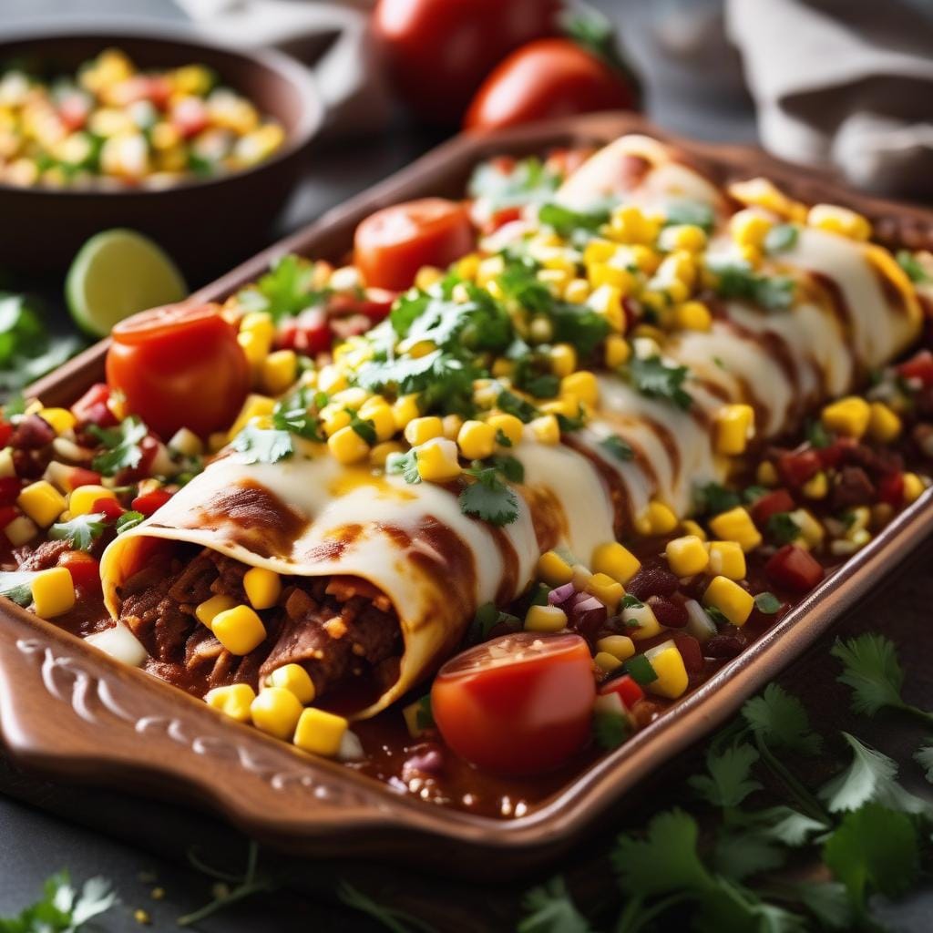 Spicy steak and Monterey Jack enchiladas with corn salsa