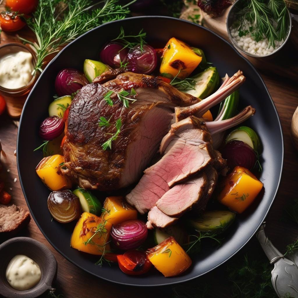 Slow-roasted shoulder of lamb, braised summer vegetables and roasting juices