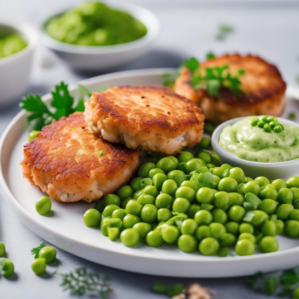 Salmon fish cakes with mushy peas