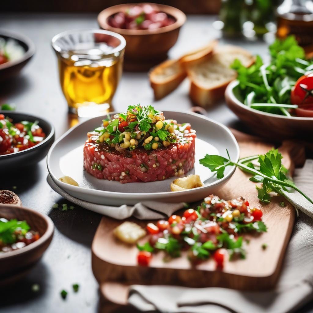 Steak tartare with garlic bruschetta