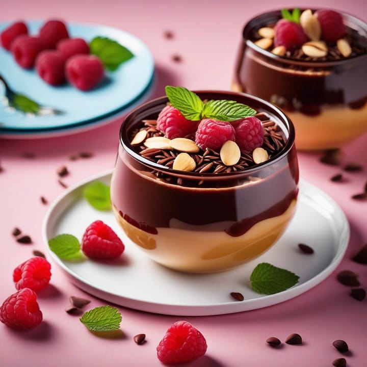 Gino’s chocolate rice pots with raspberries, honey and almonds