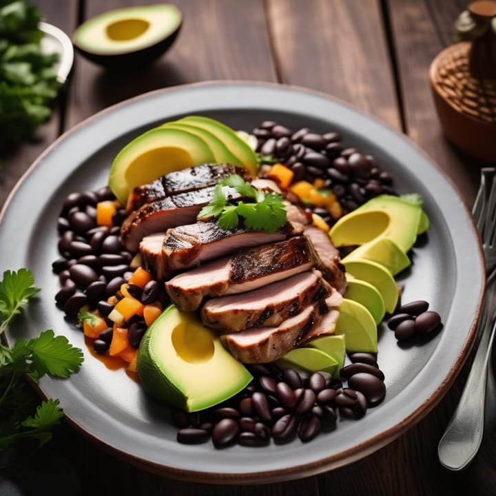 Brazilian-style pork with avocado and black beans