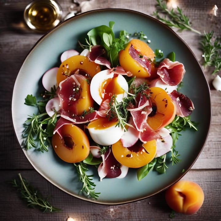 Jamie Oliver Taste of Italy Recipe: Grilled apricot salad with Flowering thyme, mozzarella, pink peppercorns & prosciutto