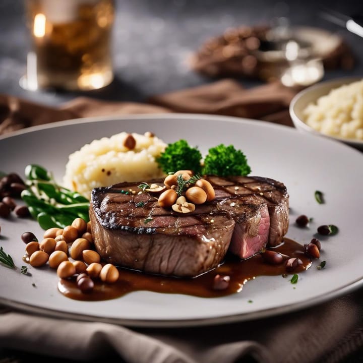 Sirloin steak with peppercorn sauce, mash and hazelnut beans