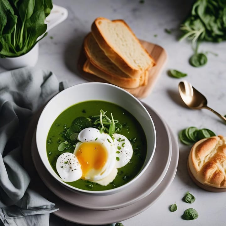 Spinach and leek soup with a soft poached egg and a cheese croute