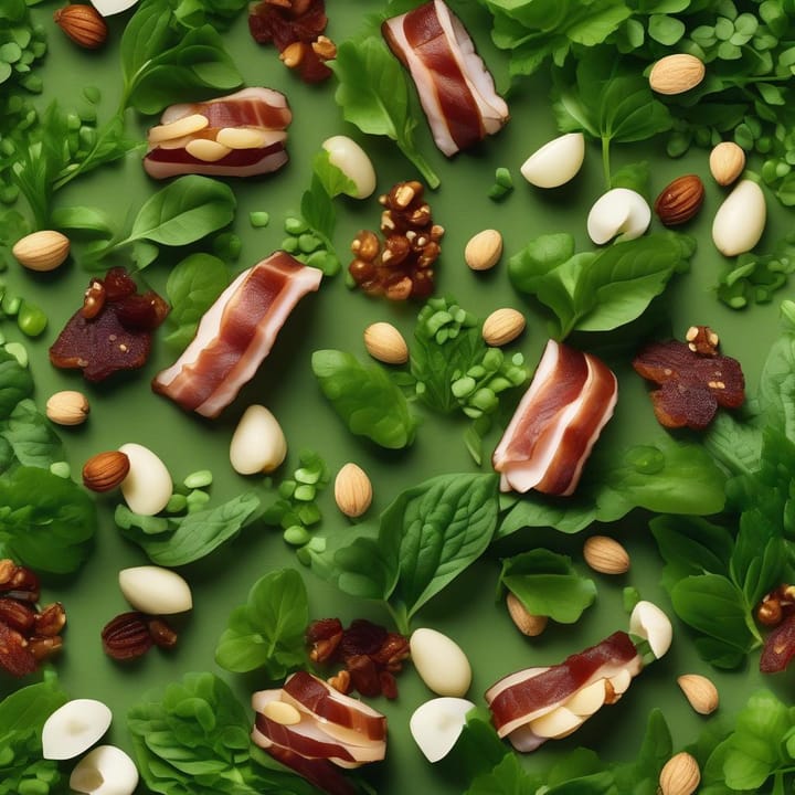 Spring greens with bacon and hazelnuts