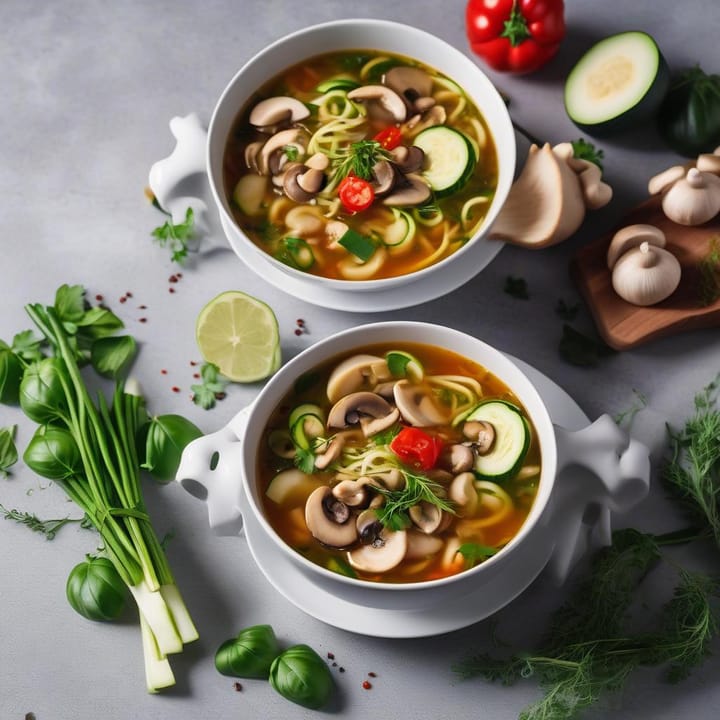 Spicy Vegetable Soup with Zucchini Noodles and Mushrooms